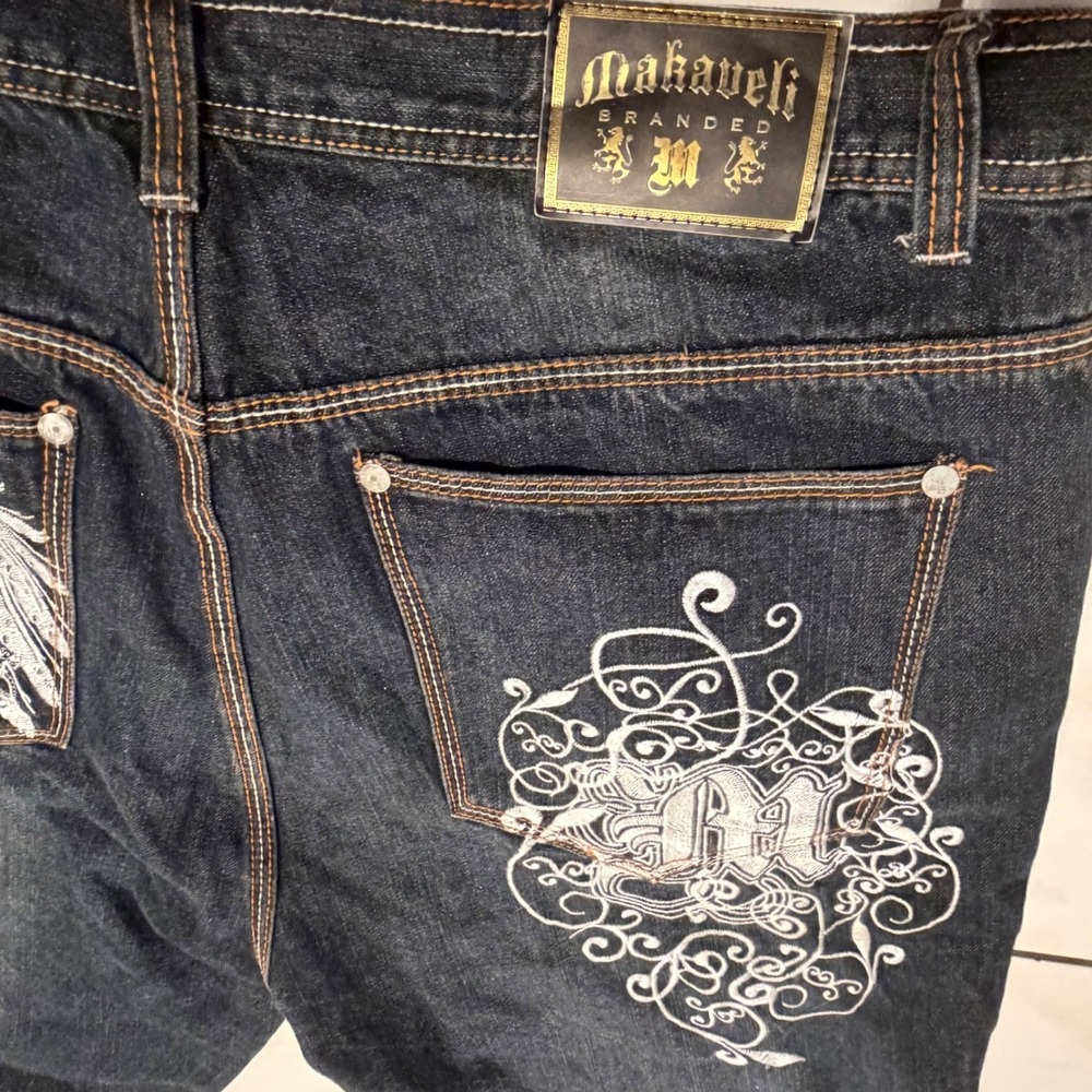Y2K Makaveli Branded Hip-Hop Mens Embroidered Denim Jeans Eagle Dark Wash Sz 40 - Picture 5 of 7